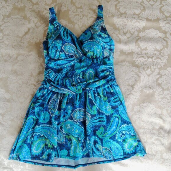 D & Co. Beach Blue & Green Paisley Ruched Swim Dress One Piece Skirt 16 - Picture 3 of 12